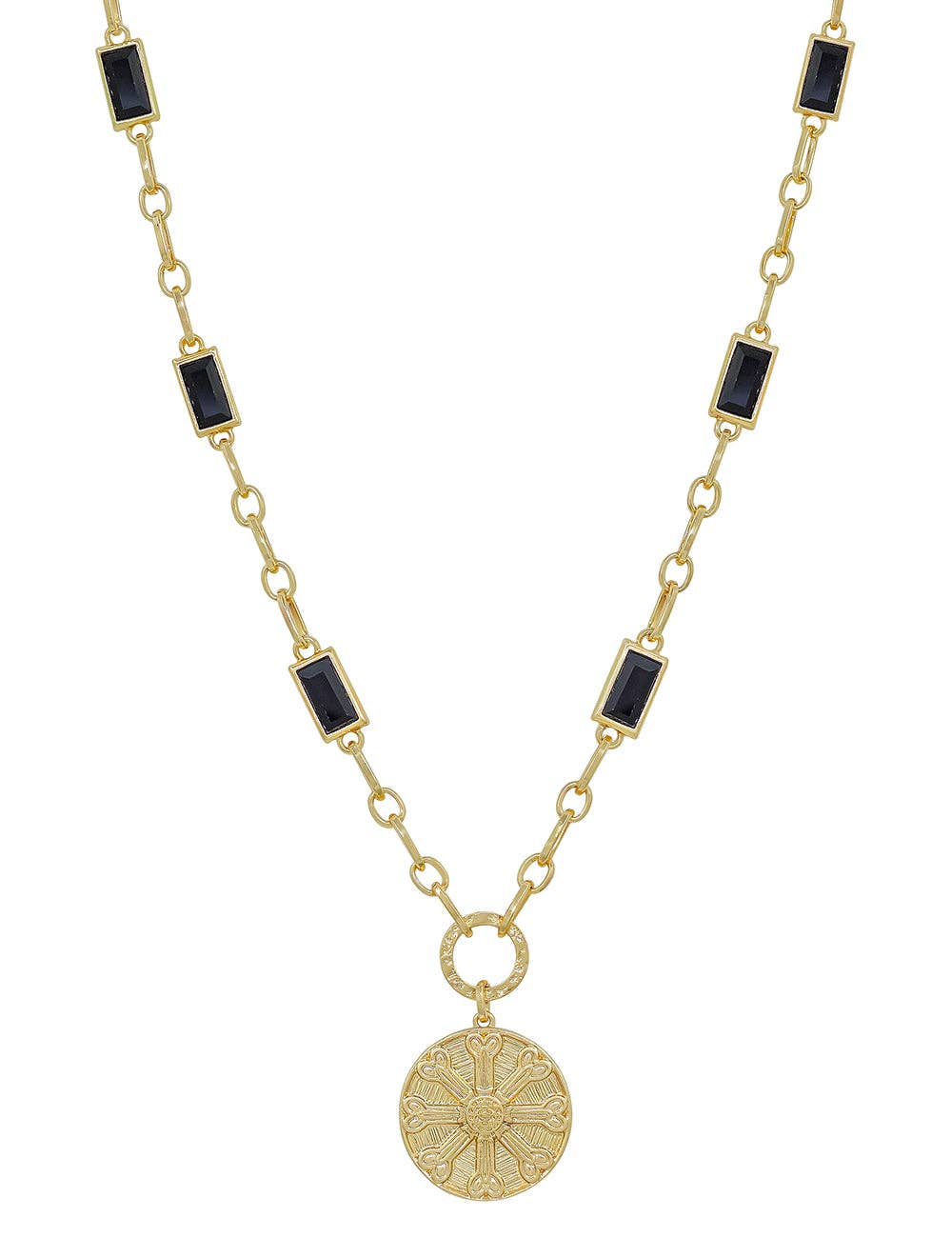 Gold with Black Rectangle Crystal Chain and Gold Hammered Coin 16