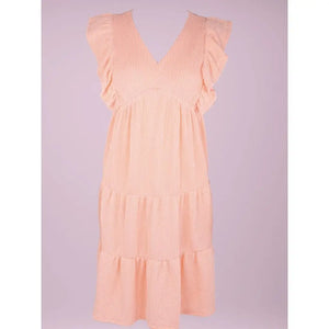 CORAL RIBBED RUFFLE SLEEVE DRESS