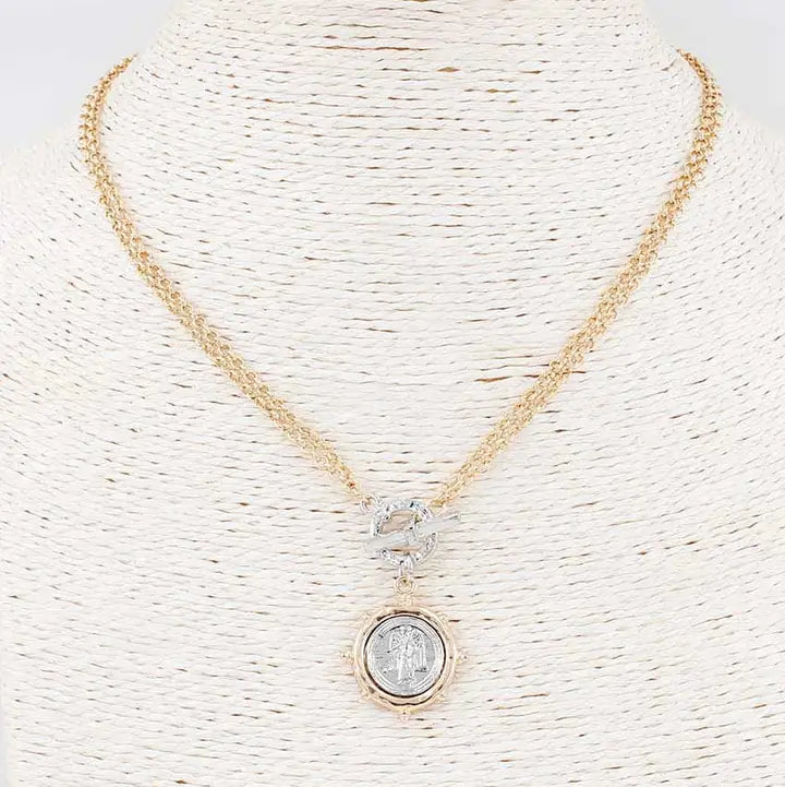 Gold Chain with Toggle and Silver and Gold Coin Charm Necklace 17"