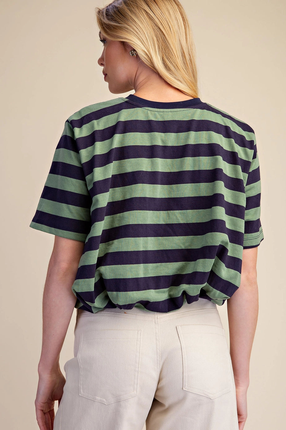 CROPPED BUBBLE STRIPE TOP IN NAVY + OLIVE