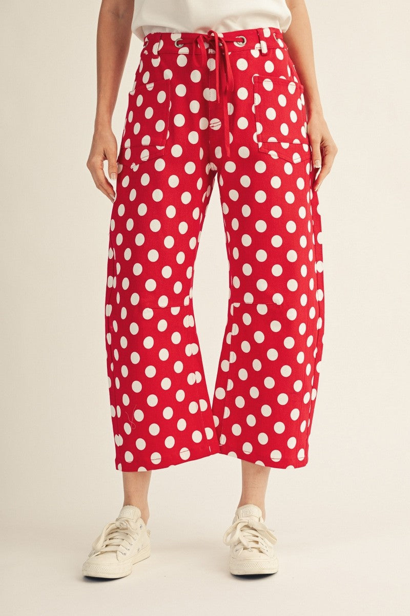 Red Drawstring Waist Polka Dot Barrel Pants