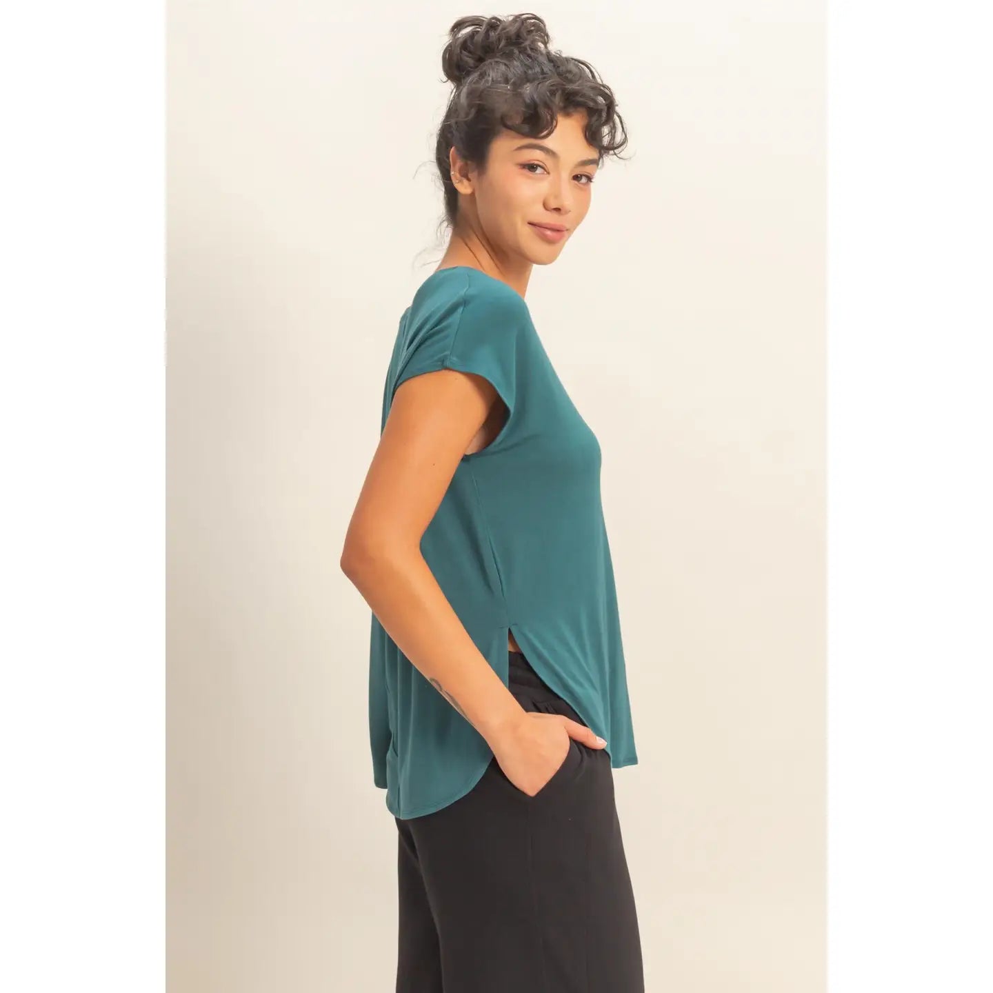 DARK TEAL Relaxed Dolman Short Sleeve Round Neck Top