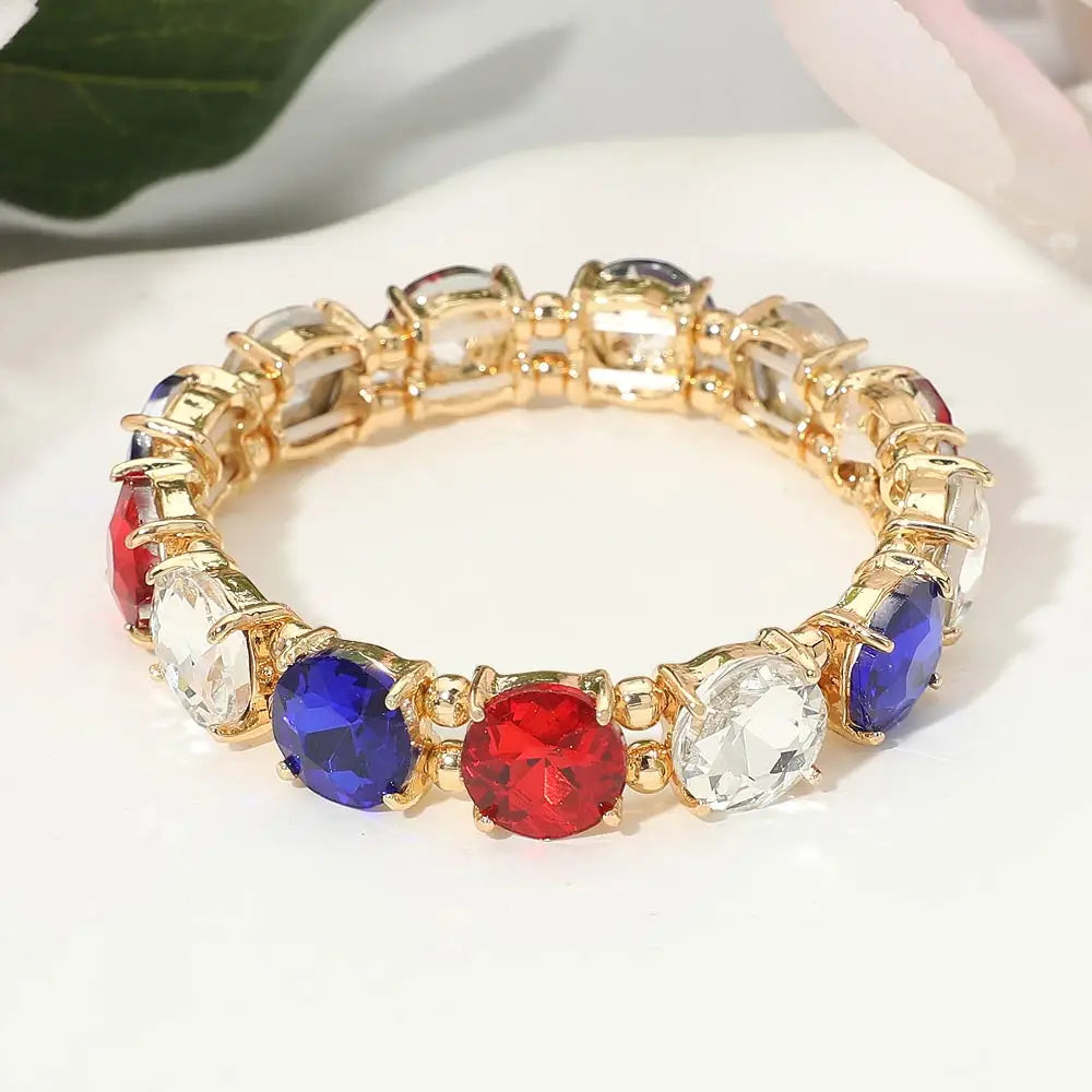 Flag Round Stone Cluster Beaded Stretch Evening Bracelet