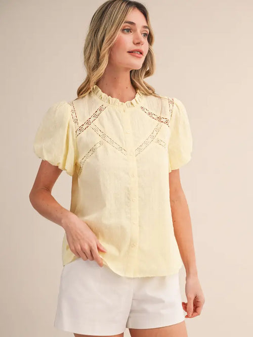 Butter Button Down Top with Cut-Out Lace Trim