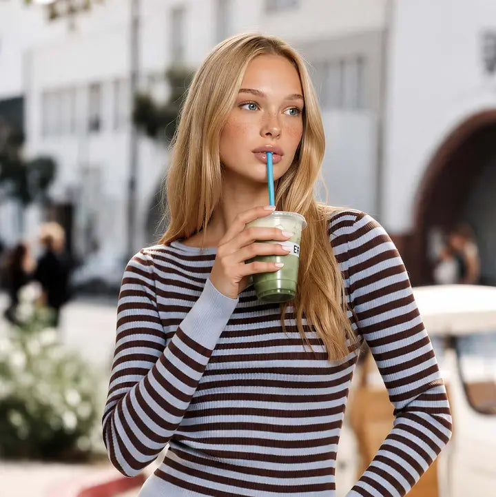 Light Grey Boatneck Stripe Ribbed Long Sleeve Top