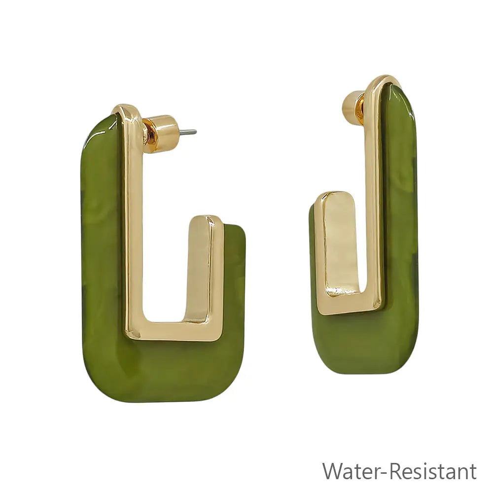 Water Resistant Gold and Olive Acrylic Rectangle 1.5" Earrings