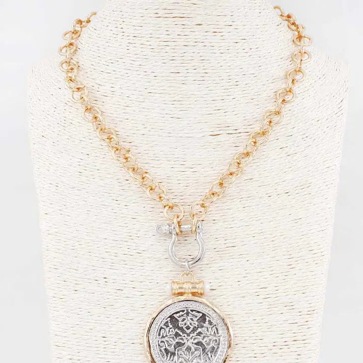 Gold Chain with Open Circle and Large Silver Charm 16"-18" Necklace