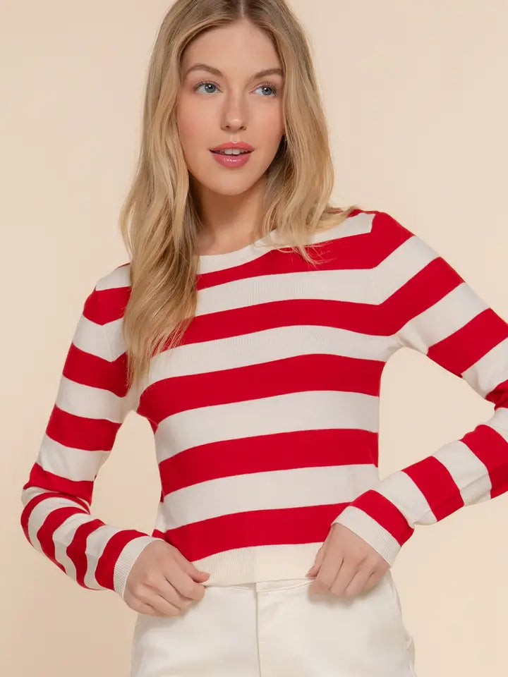 Red and Ivory Crew Neck Stripe Fitted Sweater