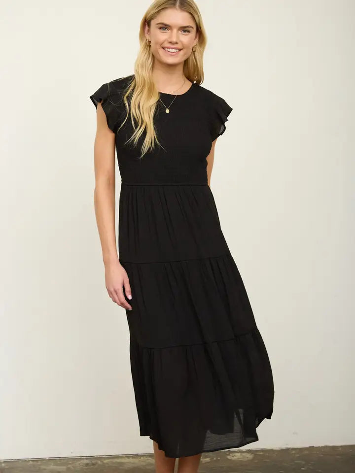 Black Tiered Smocked Short Sleeve Midi Dress