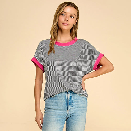 Black Ivory and Pink Classic Striped Tee