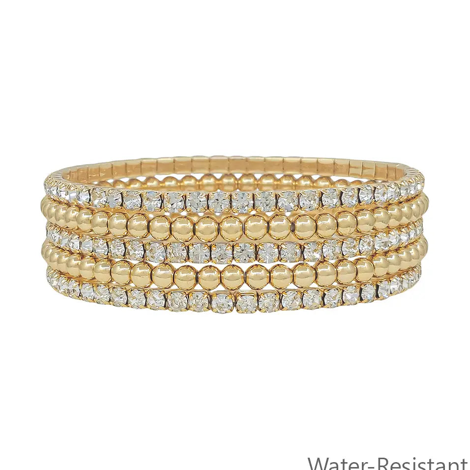 Water Resistant Set of 5 Rhinestone Tennis Chain with 4mm Beaded Stretch Bracelet