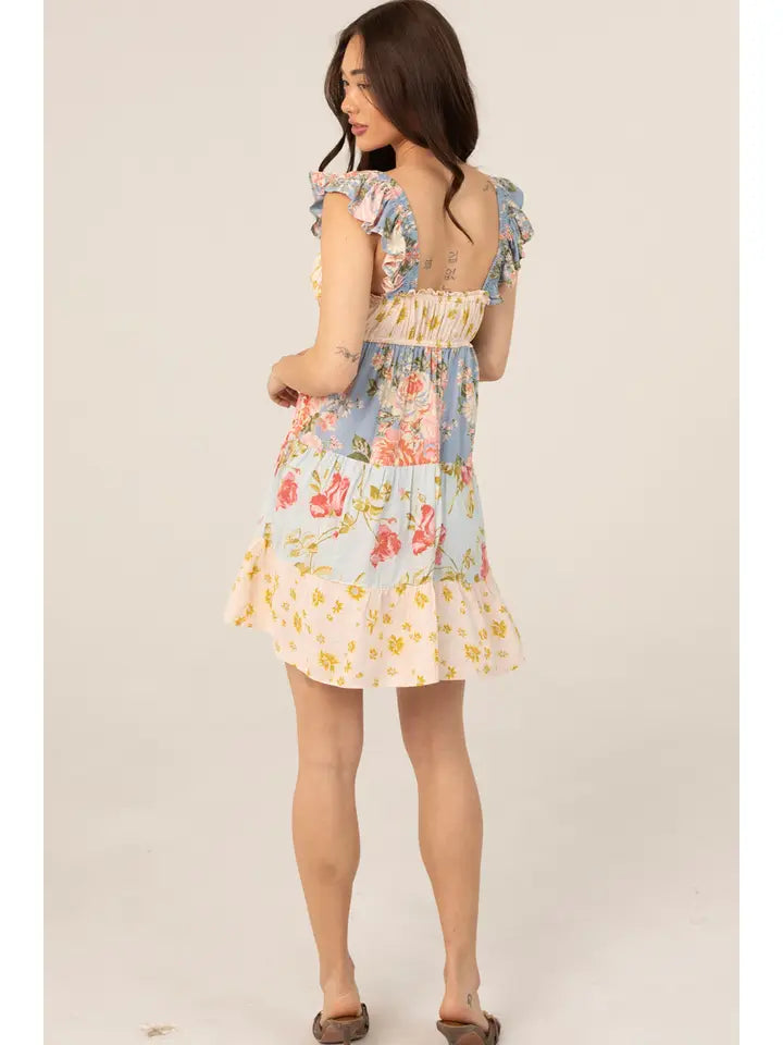 Multi Pattern Flutter Sleeve Tiered Short Dress