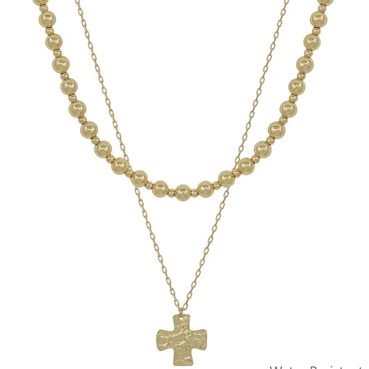 Water Resistant Gold Layered 4mm Beaded and Hammered Gold Cross 16"-18" Necklace