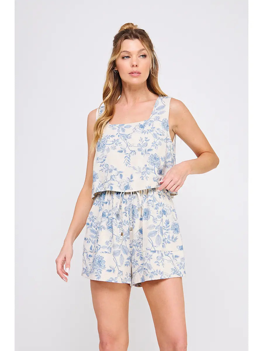 Printed Soft Linen Square Neck Romper