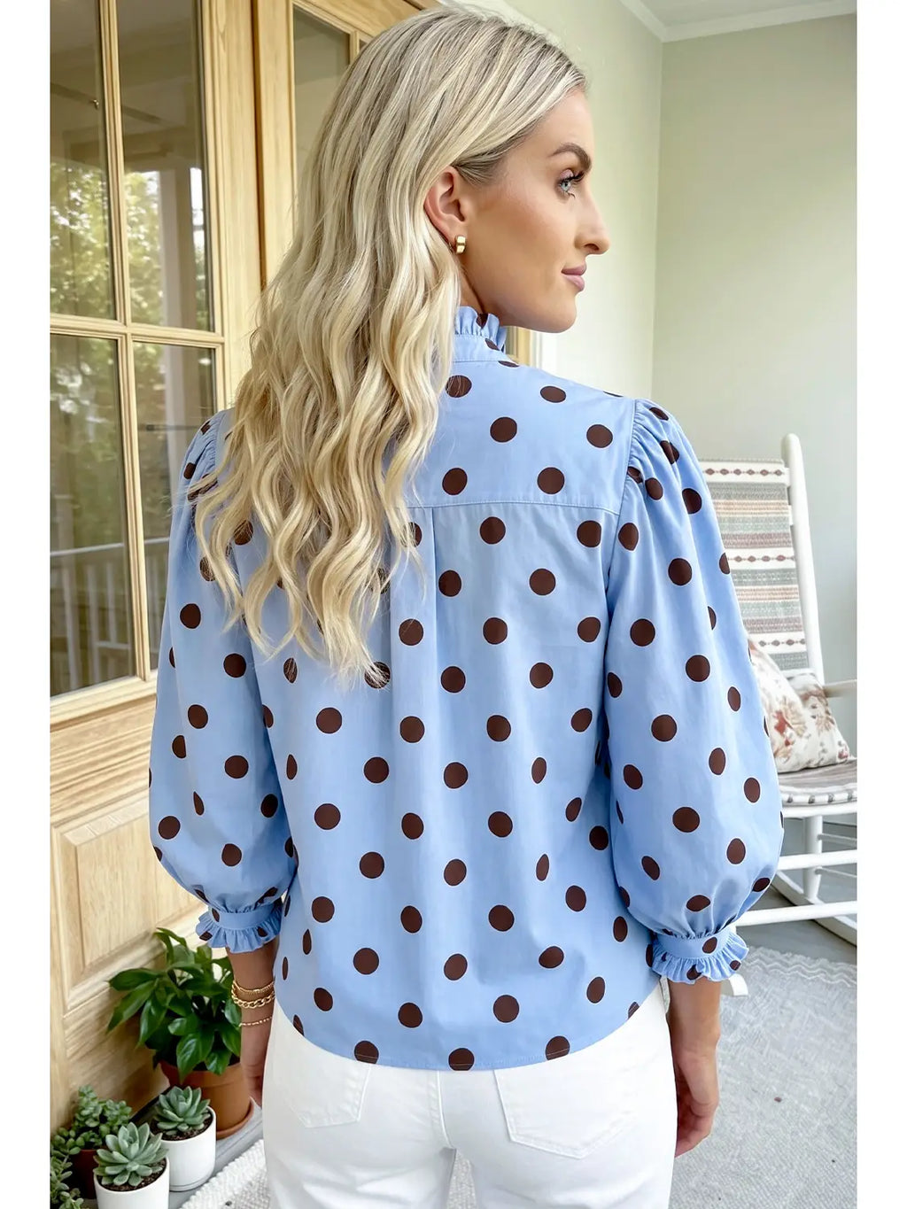Blue Polka Dot Ruffle Long Sleeve Blouse (S-XL)