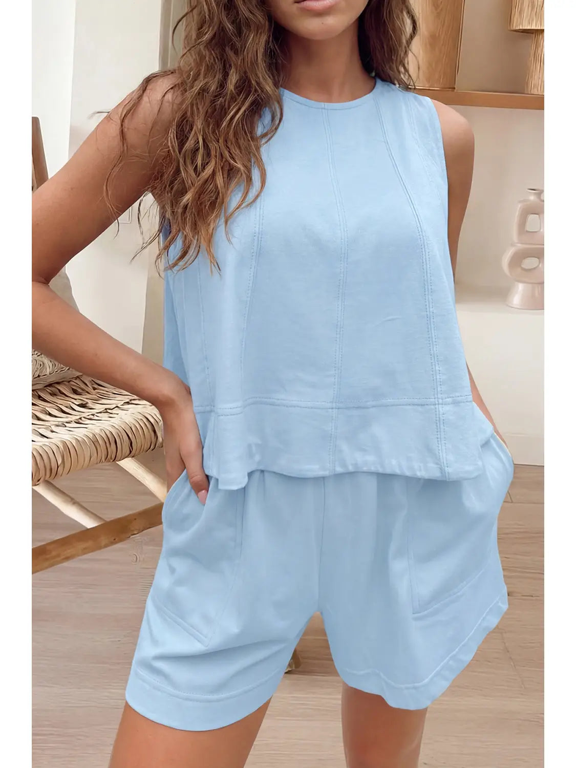 Mist Blue Stitched Detail Loose Tank Top 2pcs Short Set (S-XL)