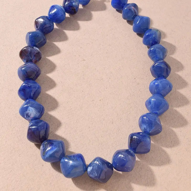 Blue Marbled Resin Cube Beaded Statement Necklace