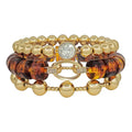 Water Resistant Set of 3 Brown Beaded and Gold Stretch Bracelets