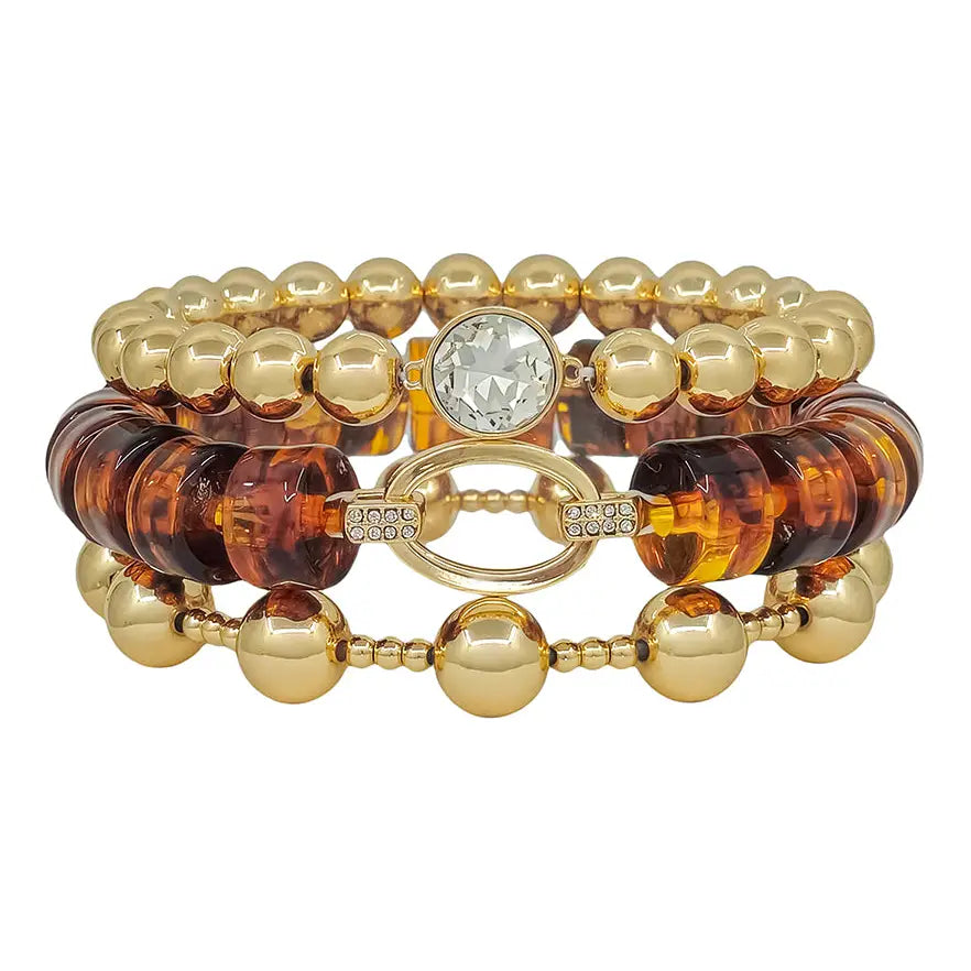 Water Resistant Set of 3 Brown Beaded and Gold Stretch Bracelets