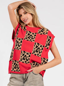 Leopard Checkered Knit Sweater Vest