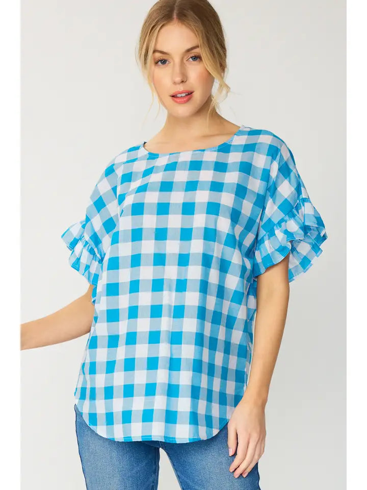 Chambray Gingham Ruffle Short Sleeves Top