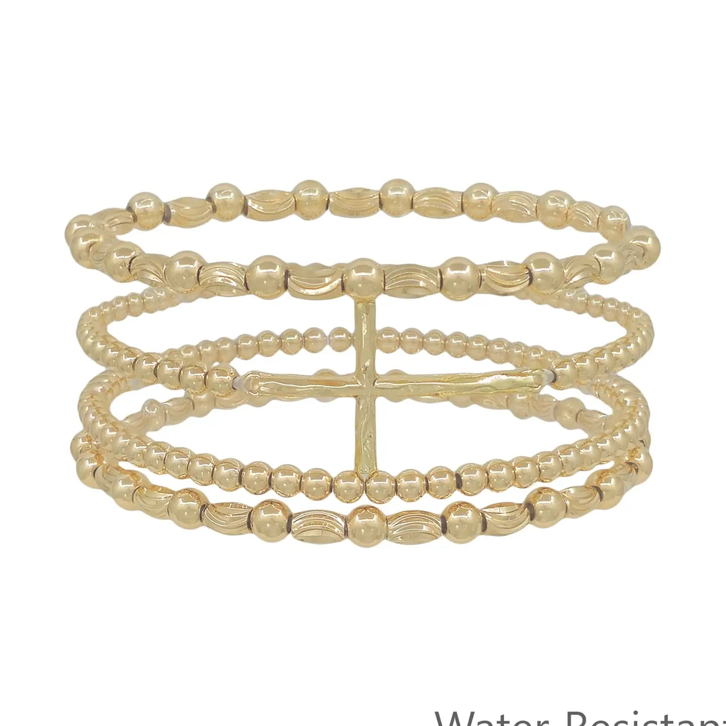 Water Resistant Set of 4 Cross and 4mm Beaded Stretch Bracelets