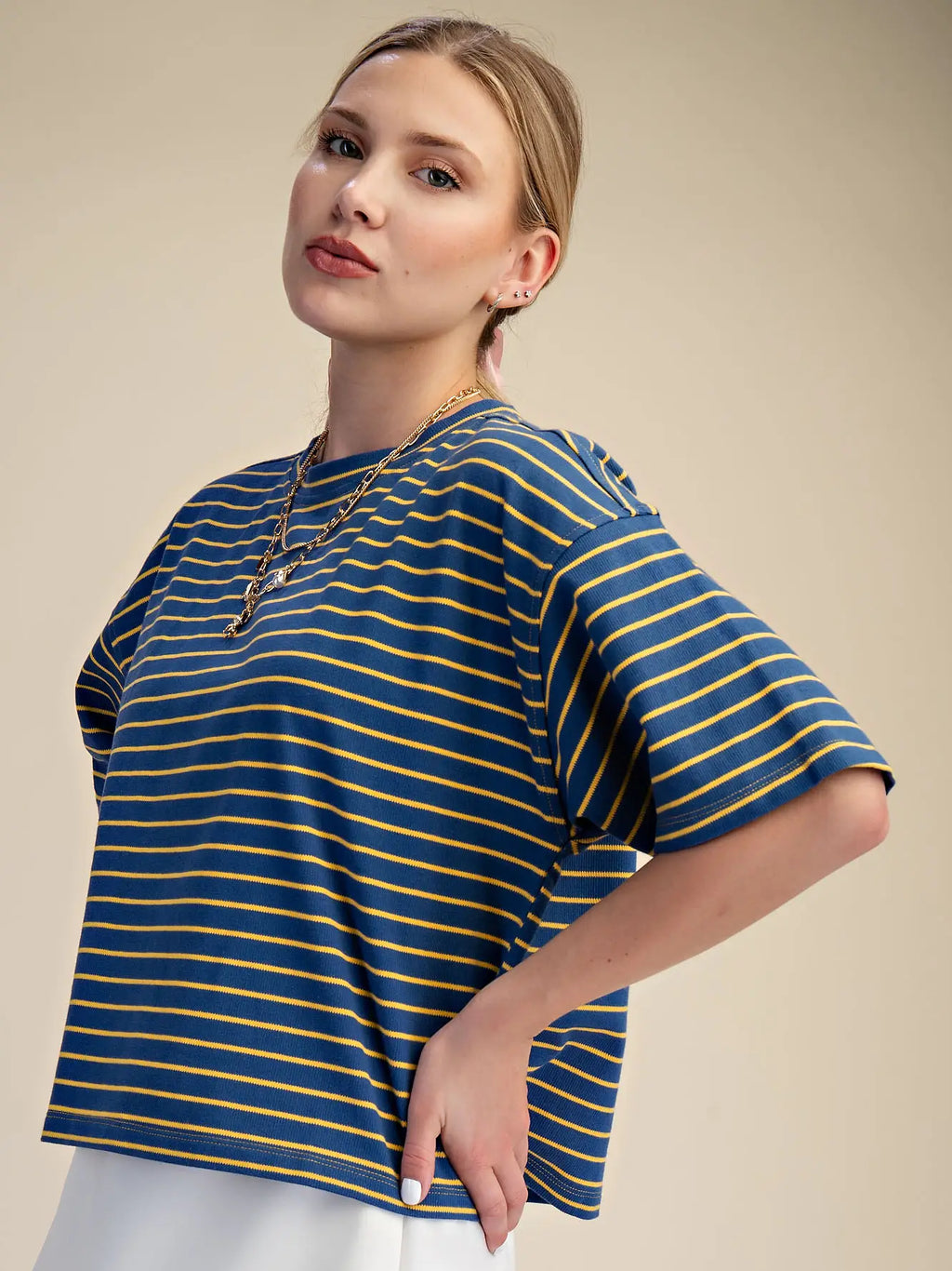 Navy and Yellow Pullover Stripe Everyday Top