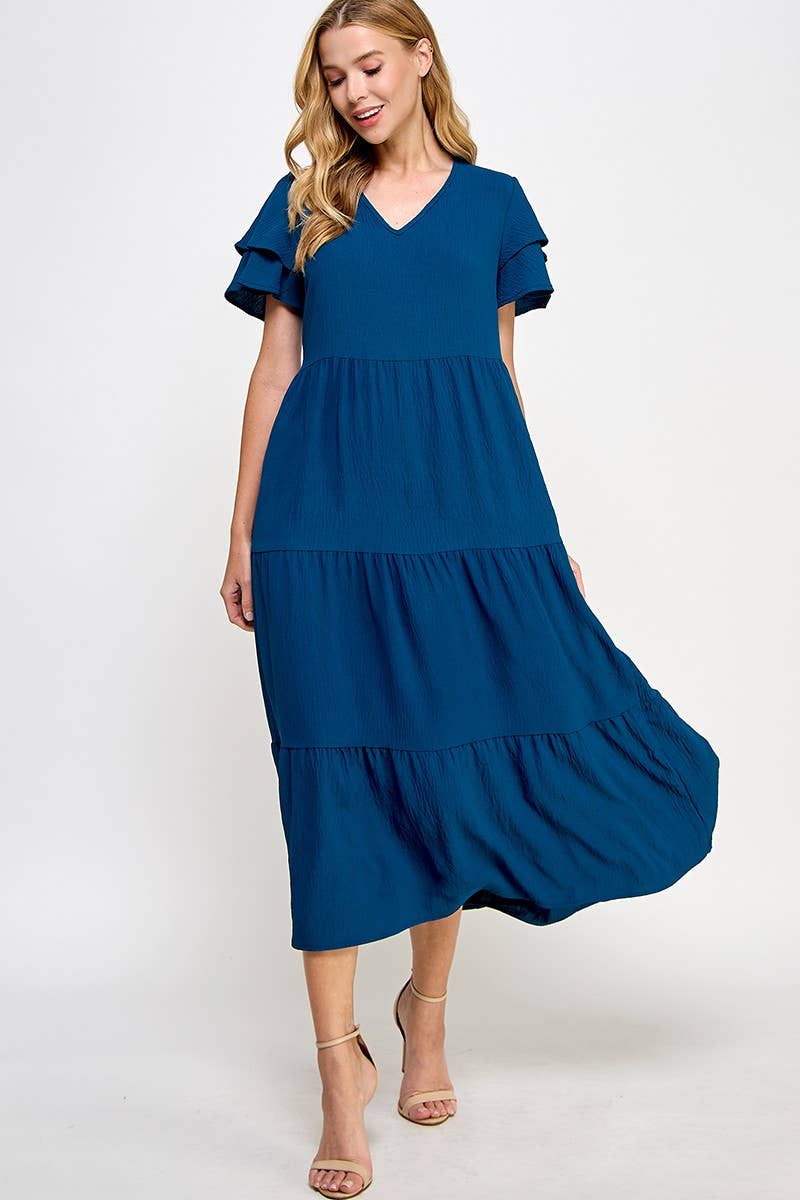 Dark Teal Solid Tiered Midi Dress