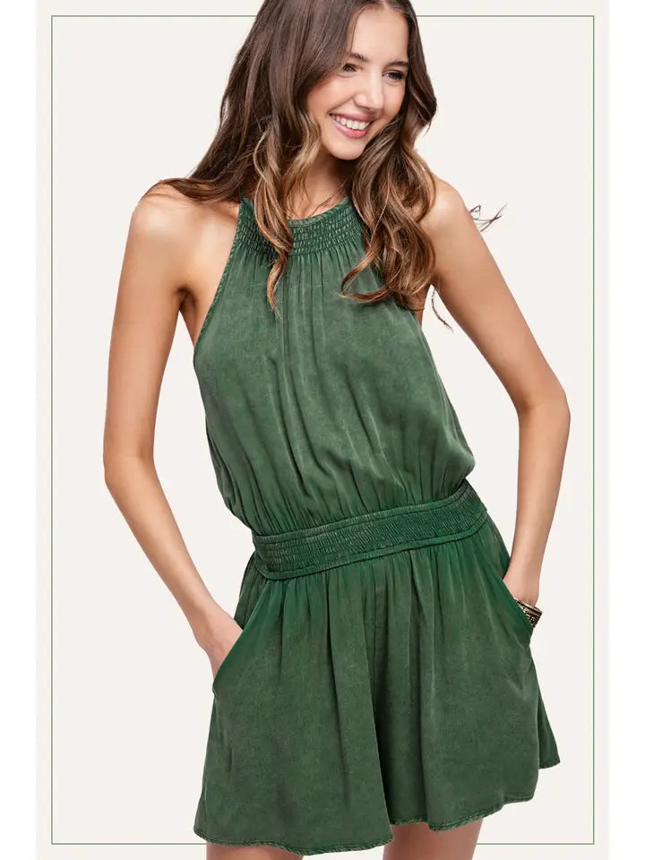 Green Mineral Washed Romper with Pockets