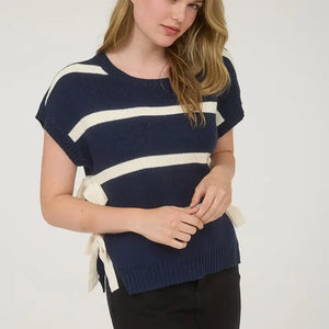 NAVY STRIPE SHORT SLEEVE SWEATER TOP WITH TIE  ACCENT