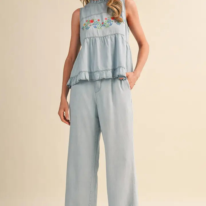 Floral Embroidery Tank and Pants Set