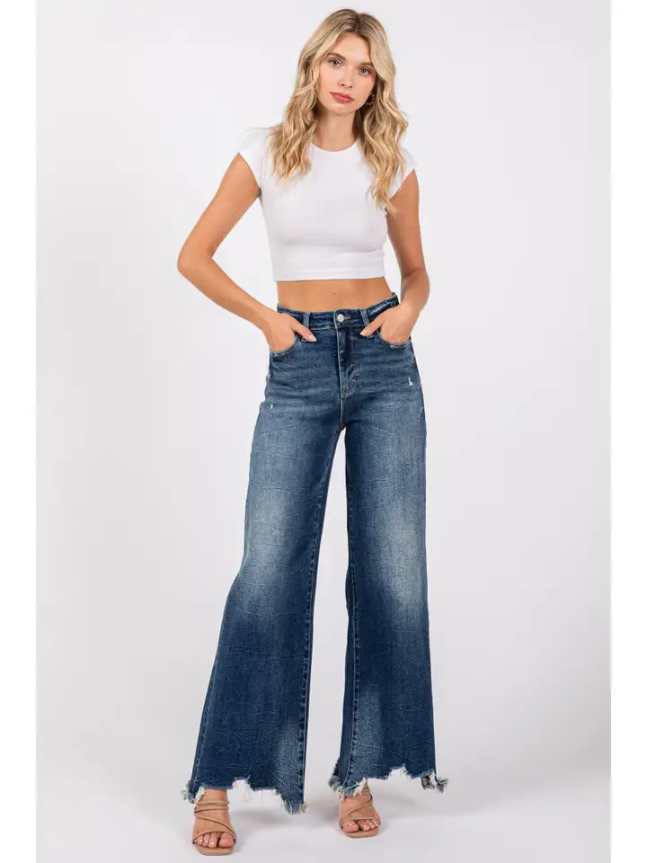 DARK  WASHED PETRA High Rise PETITE Wide Leg w/ Destroyed Hem