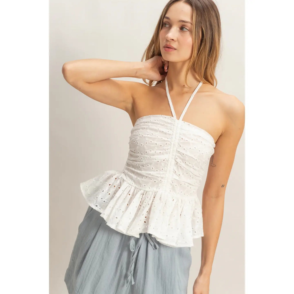 JUNIORS SMOCKED EYELET TOP