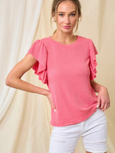 Load image into Gallery viewer, RUFFLE SLEEVE RIB TOP IN CORAL PINK
