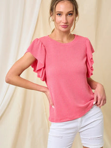 RUFFLE SLEEVE RIB TOP IN CORAL PINK