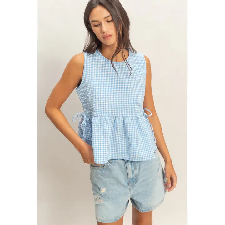 Blue Gingham Sleeveless Peplum Top with Side Ties
