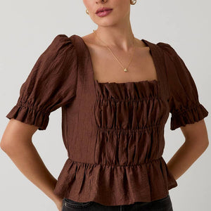 Brown Square Neck Smocked Top