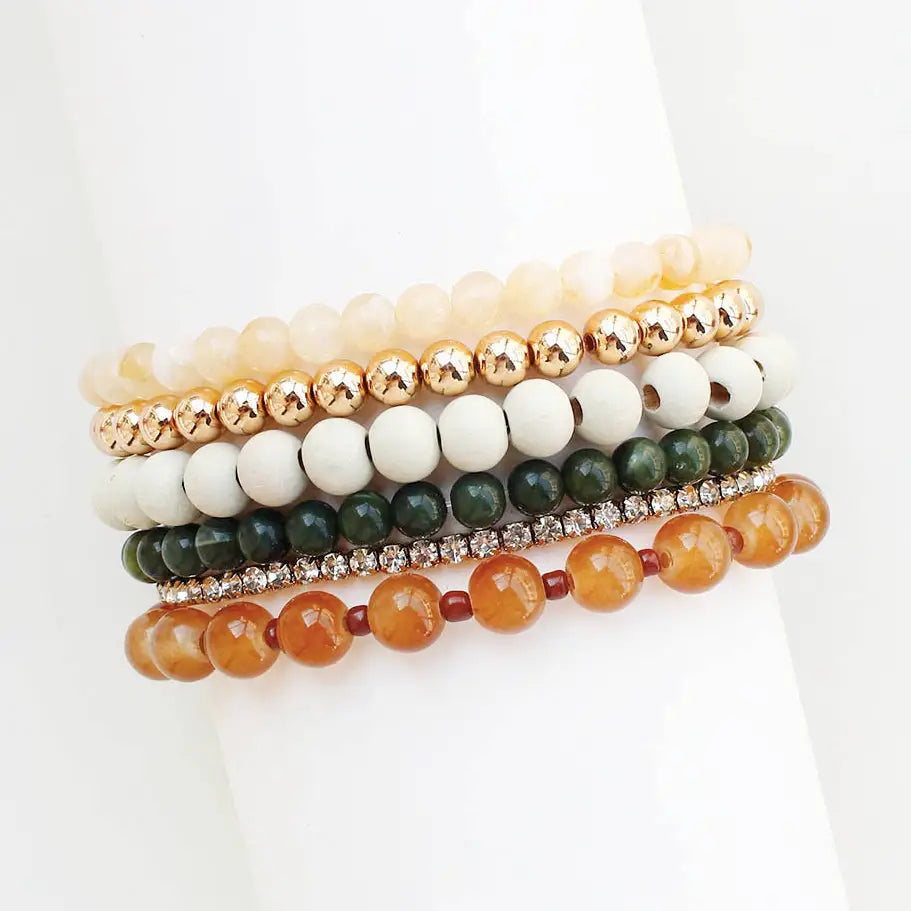 Set of 5 Natural and Green Beaded Stretch Bracelets