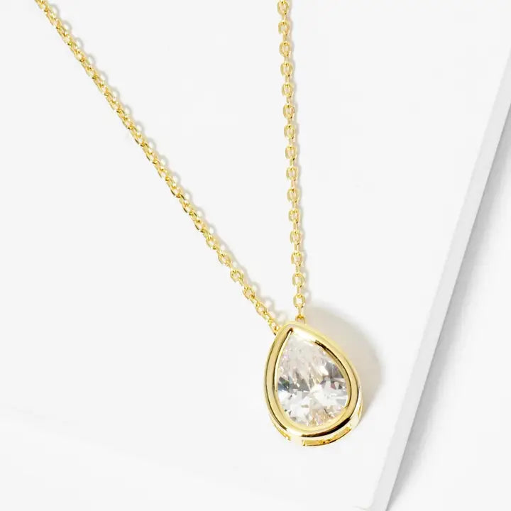 18K Gold Dipped 12mm Bezel Set Cz Teardrop Pendant Necklace