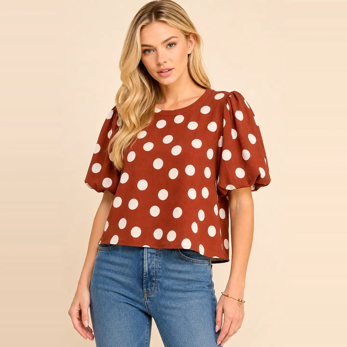 Brown and Off White Polka Dot Puff Sleeve Woven Blouse