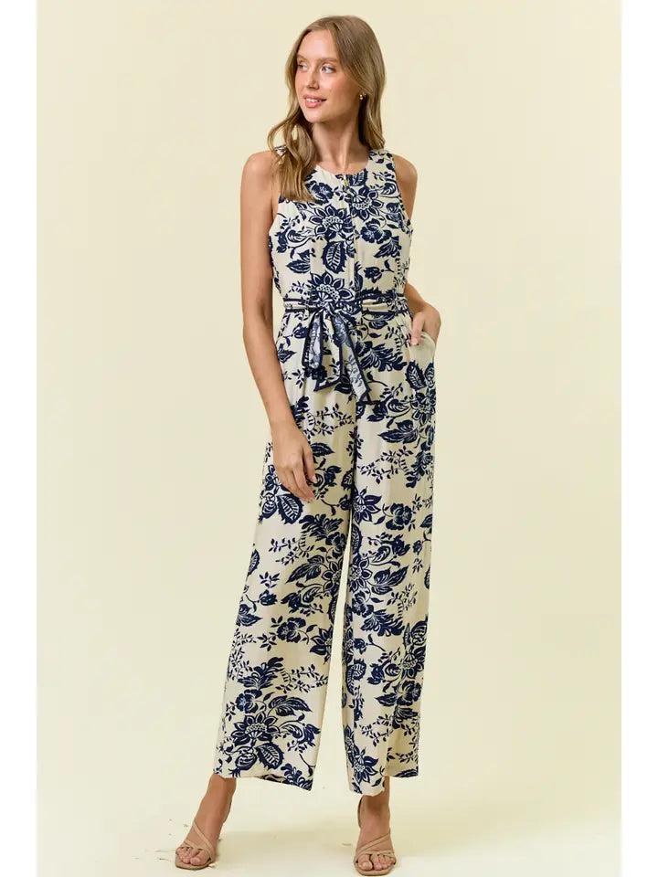 Paisley Printed Zip Front Sleeveless Jumpsuit in Navy