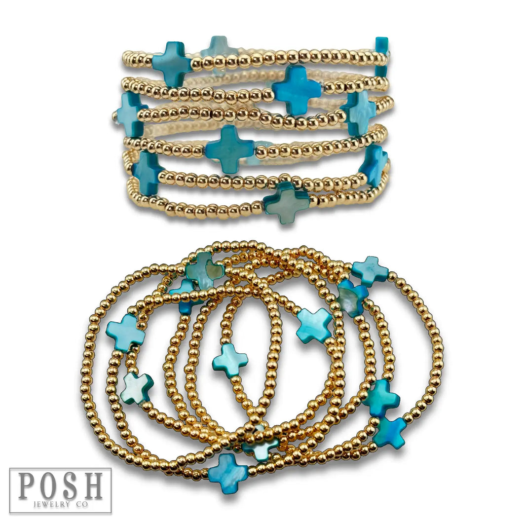 Beads and Cross Bead Stack Bracelet in turquoise