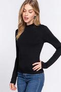 Black Long Sleeve Mock Neck Rib Knit Top