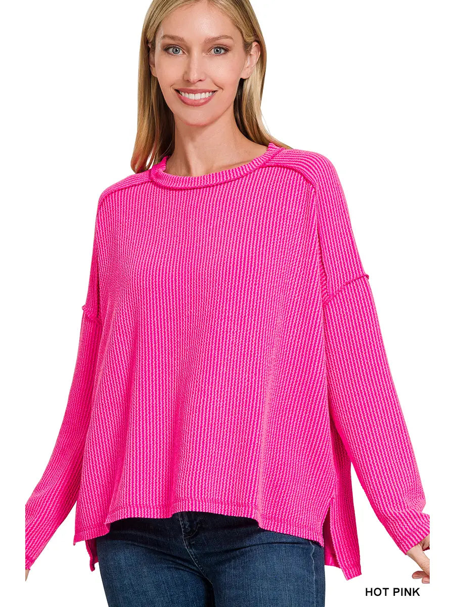 HOT PINK RIBBED HIGH LOW TOP