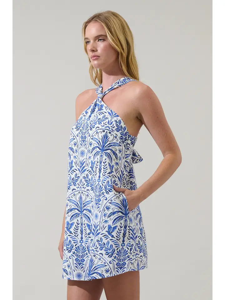 White and Blue Tropical Amory Halter Mini Dress