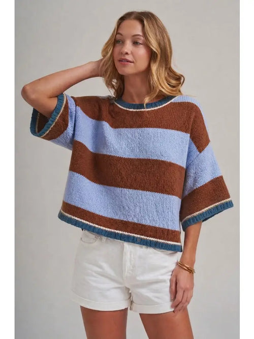 Blue Brown Wide Stripe Loose Fit Drop Shoulder Sweater