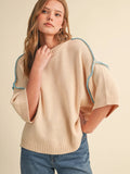 Oatmeal and Aqua Short Slv Sweater W Contrast Blanket Stitch