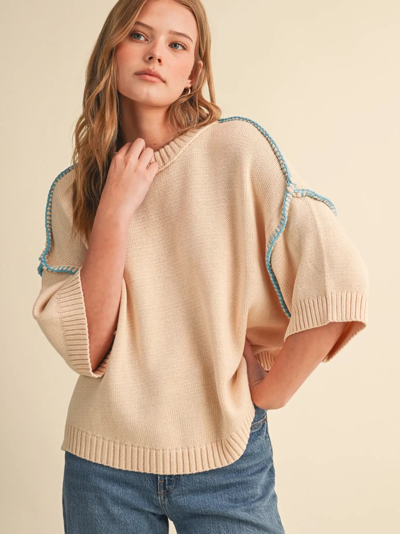 Oatmeal and Aqua Short Slv Sweater W Contrast Blanket Stitch