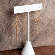 Load image into Gallery viewer, PennyLine inc - Primitive Cross Earrings Dangle Drop Gold Silver: Worn Gold Tone
