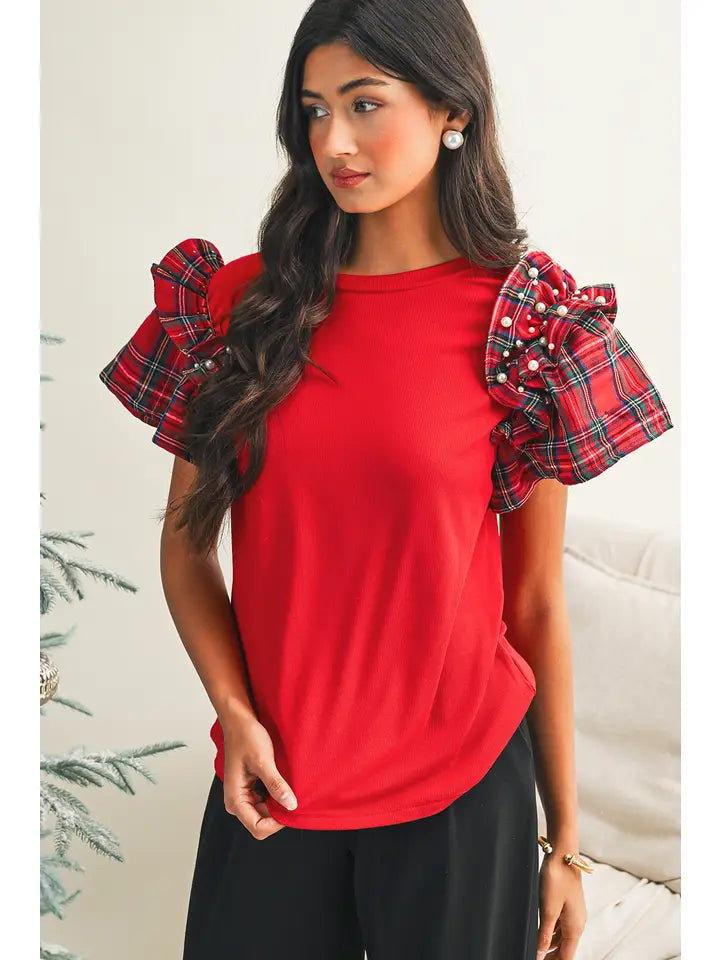 Plaid Pearl Ruffle Short Sleeve Top